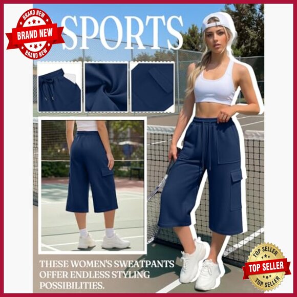 3 Pack Women's Capri Cargo Sweatpants Wide Leg Cropped Casual Drawstring - Picture 5 of 7